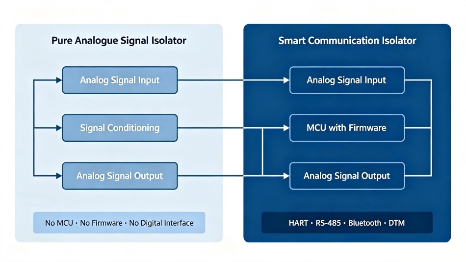 Comparison: pure analogue isolator vs smart isolator with digital interfaces.