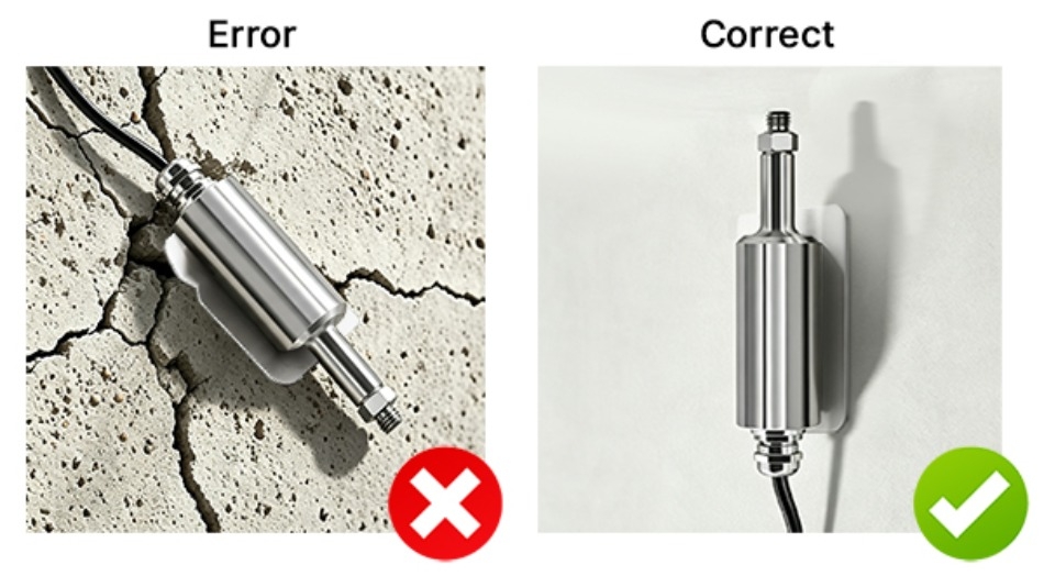 Comparison of incorrect and correct mounting methods for a vibration transmitter on concrete walls.