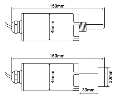 Size chart of 2-in-1 vibration and temperature transmitter, dimensional reference for installation on motors and gearboxes
