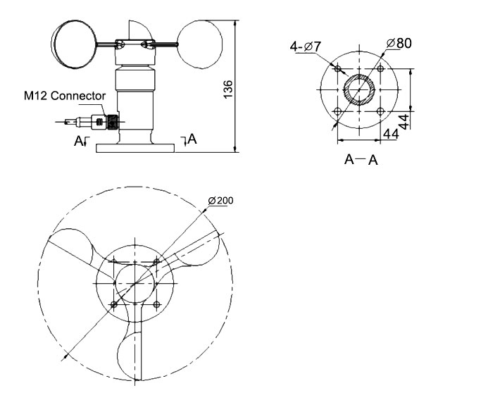 3 cup anemometer dimension diagram