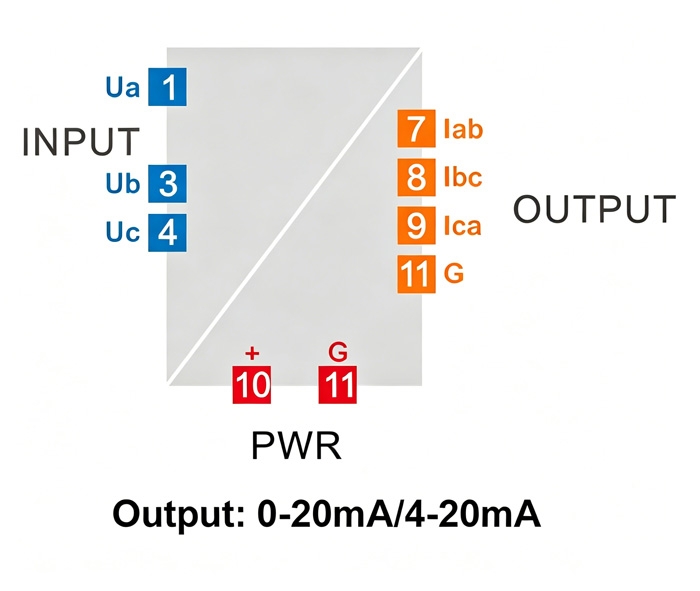 3-phase AC voltage sensor 0-20mA and 4-20mA output wiring diagram