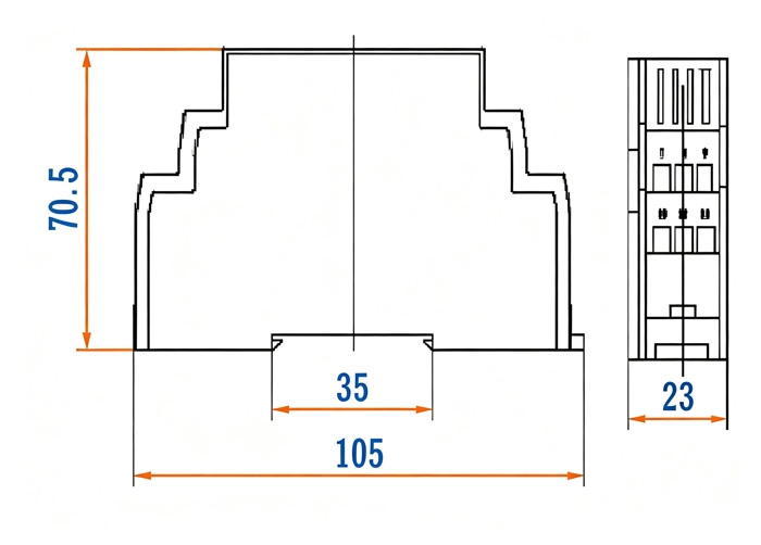 3-phase AC voltage sensor dimension diagram showing mounting and size specifications