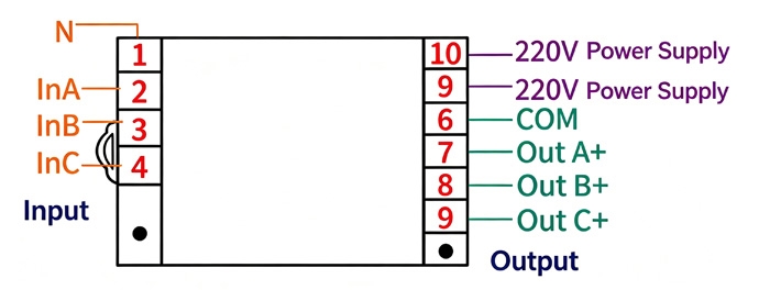 3-phase AC voltage transducer wiring diagram 4-wire star connection AC 220V