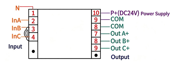3-phase AC voltage transducer wiring diagram 4-wire star connection DC 24V