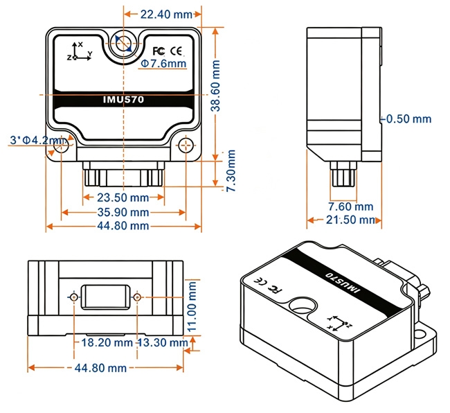 6 axis IMU sensor dimensions diagram showing size and mounting layout