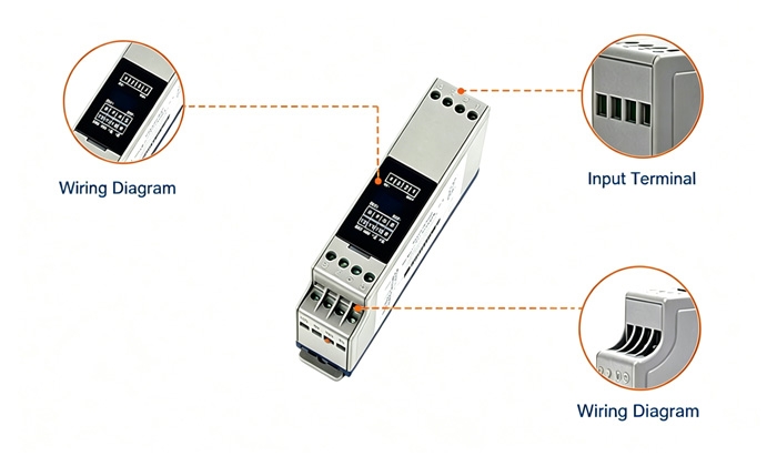 AC voltage sensor details showing input and output terminal interfaces.