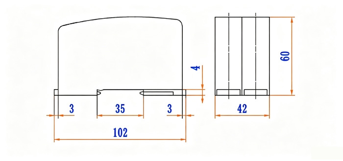 An ac voltage transducer dimension technical drawing showing the overall width, height, and length measurements.