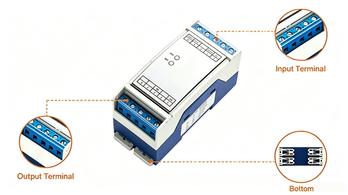 AC voltage sensor details showing input terminal, output terminal, and bottom view.