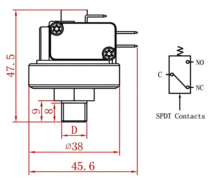 Adjustable boiler pressure switch dimension