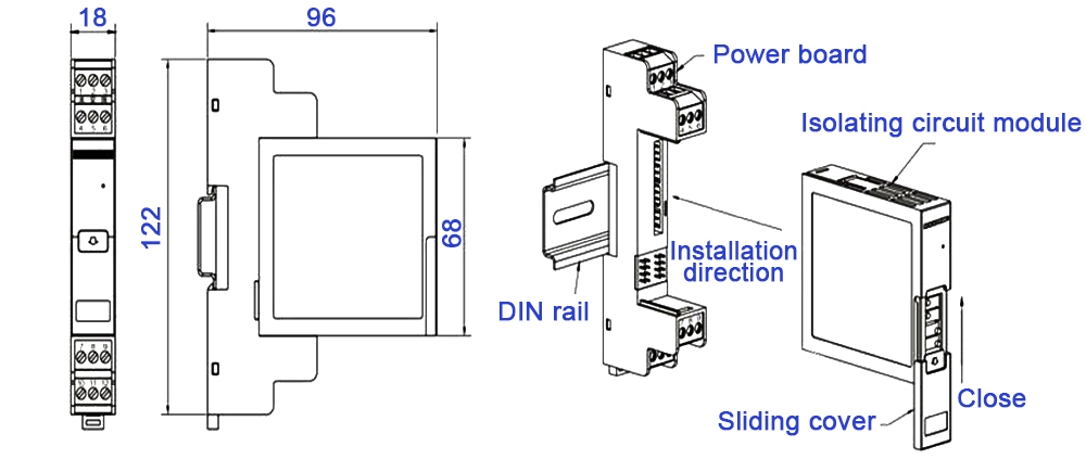 35mm DIN rail mounting – pluggable PCB power board with separable isolating circuit module