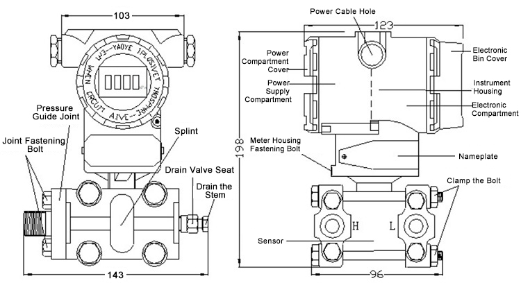 Capacitance type differential pressure transmitter dimension