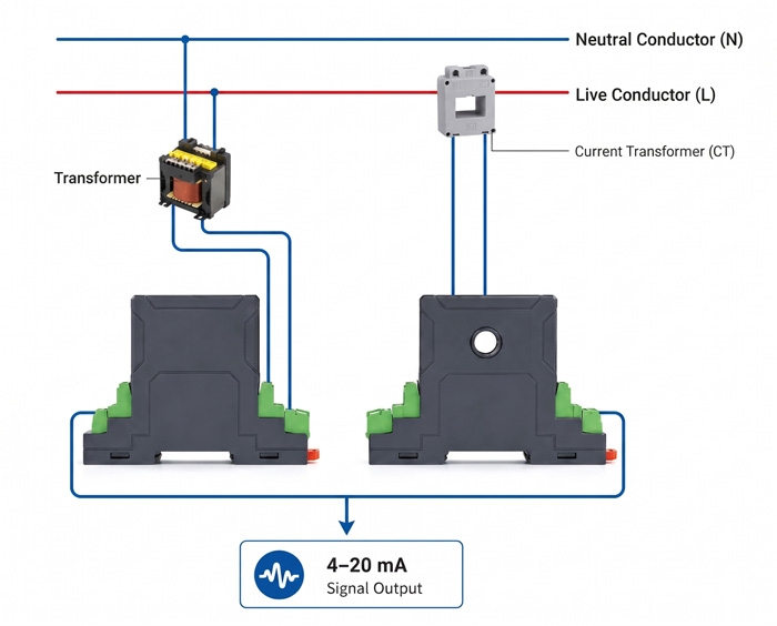 DC voltage transducer high-current monitoring solution wiring diagram