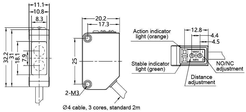 Diffuse reflective photoelectric sensor dimension