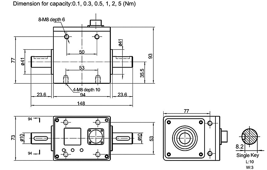Digital torque sensor dimension for capacity 0.1-5 Nm