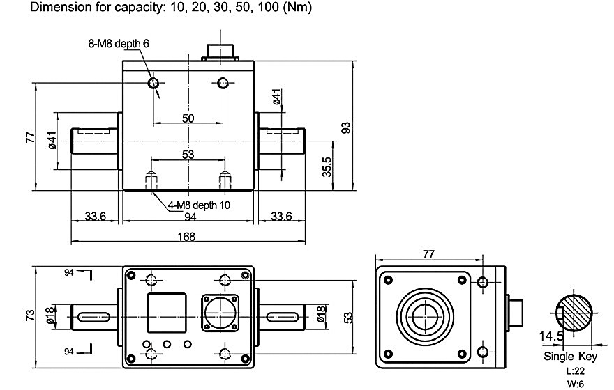 Digital torque sensor dimension for capacity 10-100 Nm