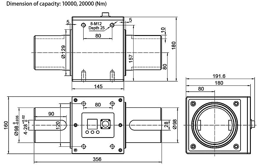 Digital torque sensor dimension for capacity 10000-20000 Nm