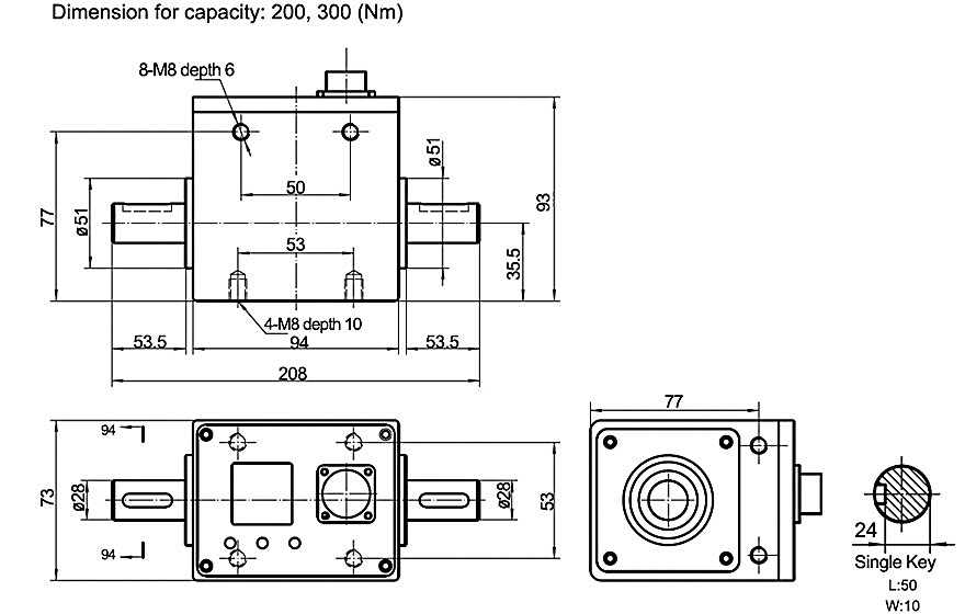 Digital torque sensor dimension for capacity 200-300 Nm