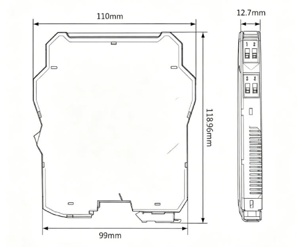 Dimensional drawing of ultra-slim frequency-to-analog signal isolator (mechanical dimensions & pinout layout