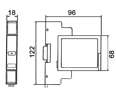 Dimensional drawing of 18mm RTD temperature signal isolator, side width 18mm, front height 122mm, overall depth 96mm, panel height 68mm, with DIN-rail mounting clip.