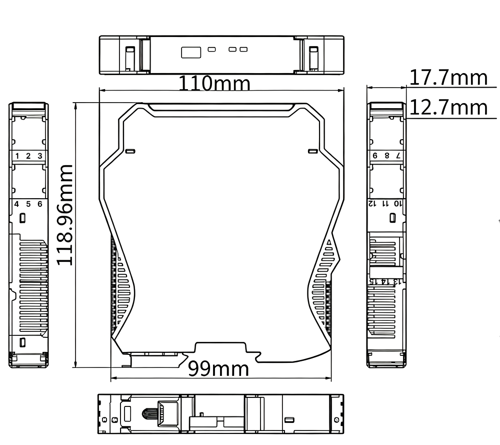 Multi-view dimensional drawing of high-accuracy programmable signal isolator, showing 12.7mm wide 6-pin and 17.7mm wide 12-pin housing configurations