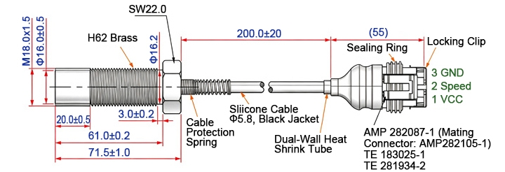 Hall effect vehicle speed sensor dimension diagram with measurements