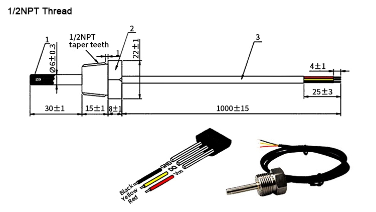 DS18B20 waterproof temp sensor probe 1/2NPT size