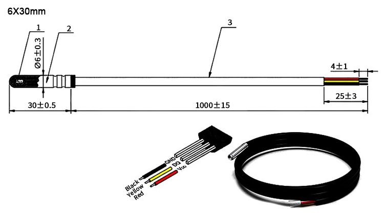 DS18B20 waterproof temp sensor probe 6x30 size