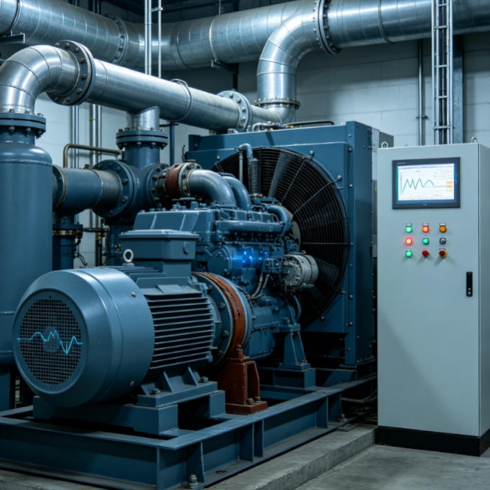 2-in-1 vibration and temperature transmitter monitoring air compressor host bearing health with dual 4-20mA outputs.
