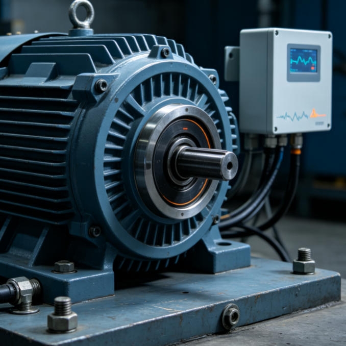 Dual output 4-20mA sensor on large motor bearing housing for multi-parameter online early warning system.