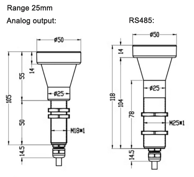 Eddy current type displacement sensor 25mm dimension