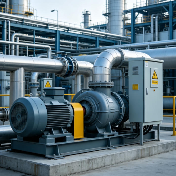 Ex d IIC T6 explosion-proof vibration transmitter installed on process fan in flammable and explosive chemical plant area.