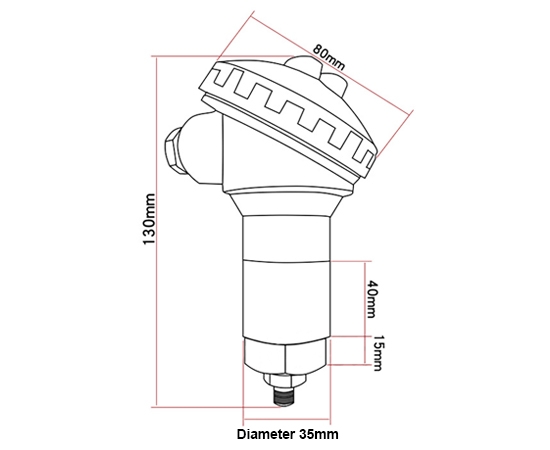Ex-proof vibration transmitter dimension drawing with M10x1.5 thread, IP67 enclosure, and digital display size specs