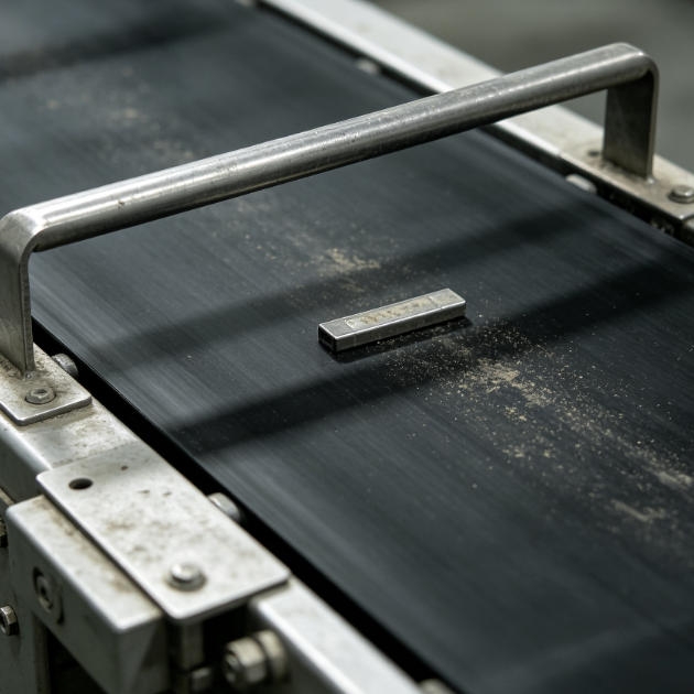 Magnetic Inductive Sensor Mounted On A Belt Conveyor To Detect The Presence Of Metallic Objects Or Contaminants And Trigger Rejection Or Alarm For Quality Control.
