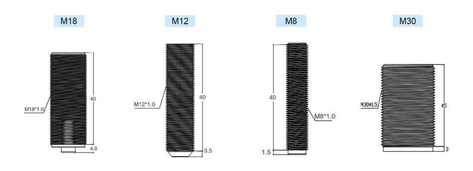 Hall-effect magnetic sensor dimension chart featuring M8, M12, M18, and M30 threaded barrel configurations.