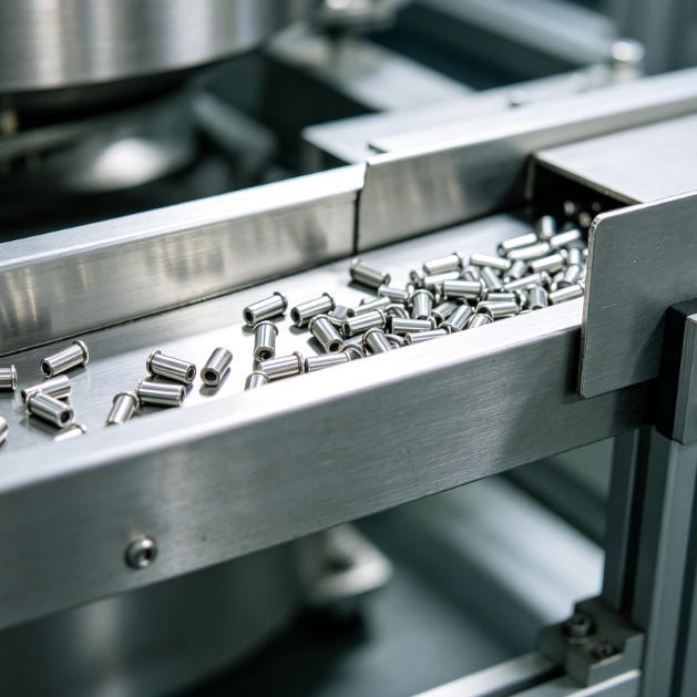 Magnetic Sensor Installed On A Conveyor Line For Detecting Metal Parts Passing Through And Generating Accurate Production Count Signals.