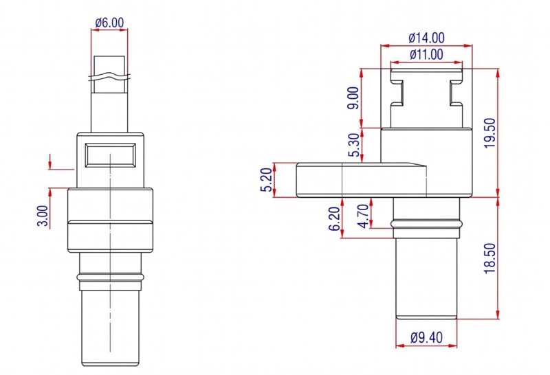 Hall effect speed sensor flange mount dimension diagram with measurements