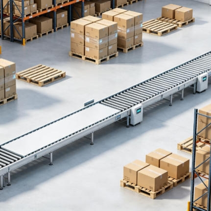 Ultrasonic proximity sensor detecting package position on a moving warehouse conveyor belt