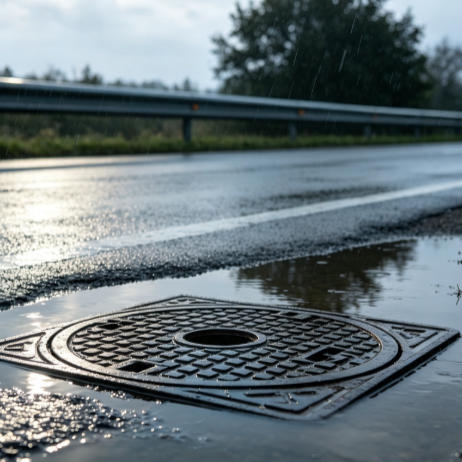 Ultrasonic water level sensor installed on a pole monitoring floodwater depth in an outdoor drainage channel