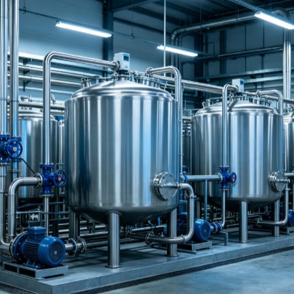 Ultrasonic sensor mounted above an industrial storage tank measuring liquid level with digital display

