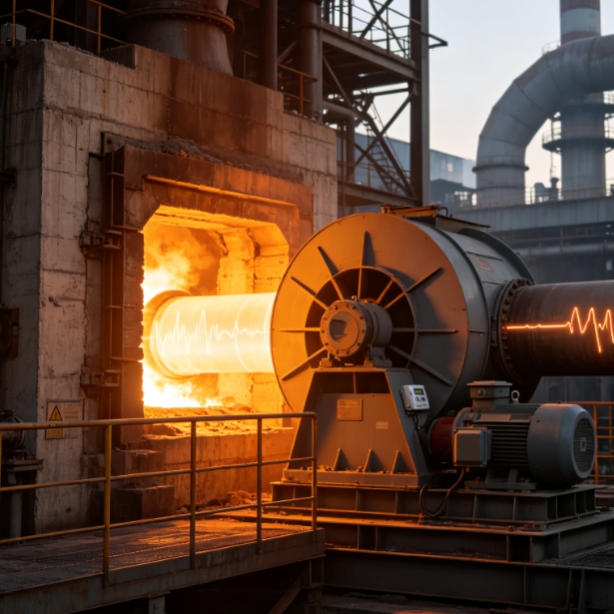 150°C high-temperature vibration transmitter with thermal separation installed on kiln induced draft fan for online vibration monitoring