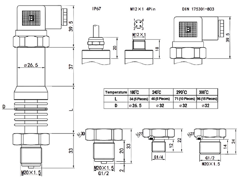 High temperature pressure transducer dimension