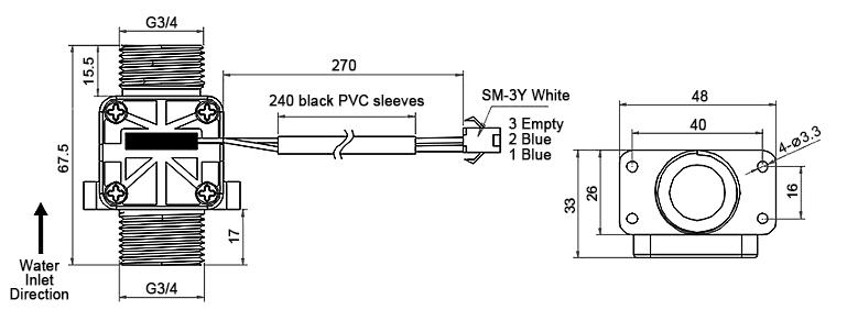 Hot water flow switch G3/4'' dimension