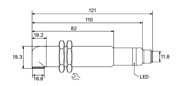 Industrial ultrasonic sensor dimensions drawing.