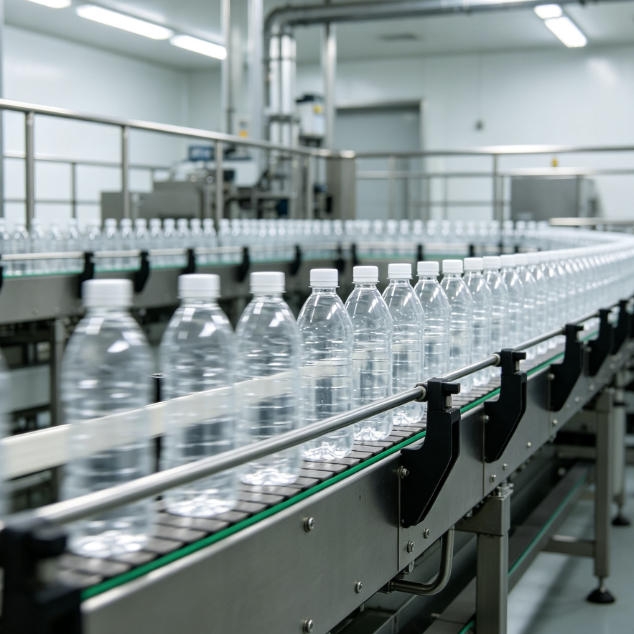High-speed ultrasonic through-beam sensor detecting transparent PET plastic bottles on a conveyor filling line for accurate count and reject sorting.