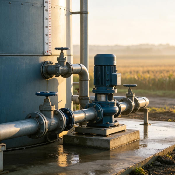 Non-contact ultrasonic level transmitter installed above a potable water storage tank, providing continuous 4-20mA output for automated pump station start-stop control.