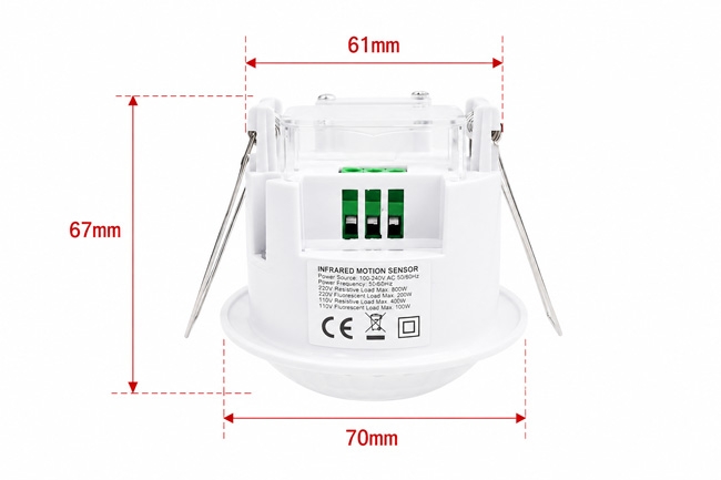 Infrared presence sensor dimension diagram showing 61x67x70mm embedded housing size