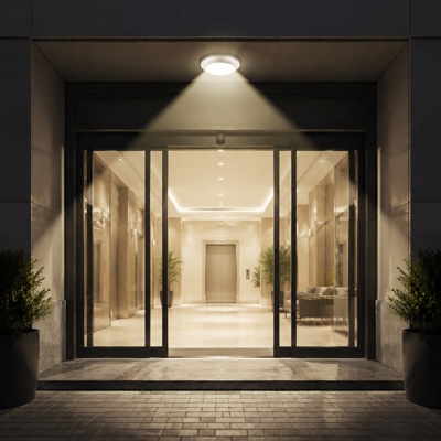 Infrared presence sensor installed at entrance for automatic lighting control