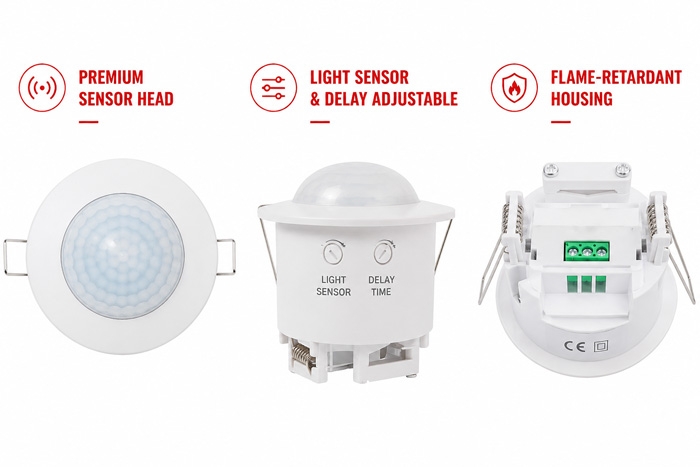 Infrared presence sensor product details showing Fresnel lens and housing design