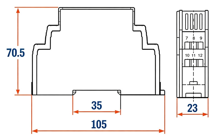 Isolated DC voltage transducer dimensions and mounting size diagram