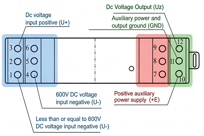 Isolated DC voltage transducer terminal block wiring layout and pin definition